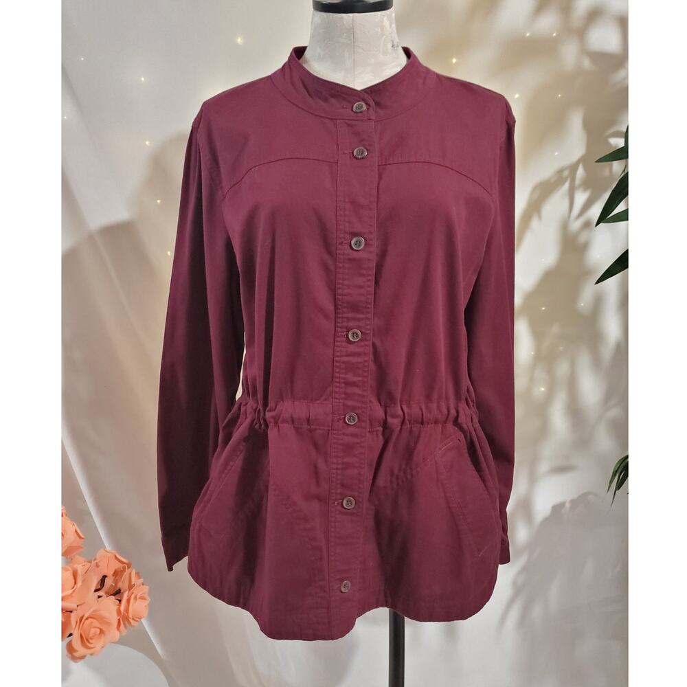 Talbots Womens Button Tie Waist Field Jacket Sz XL Burgundy Pockets Lightweight